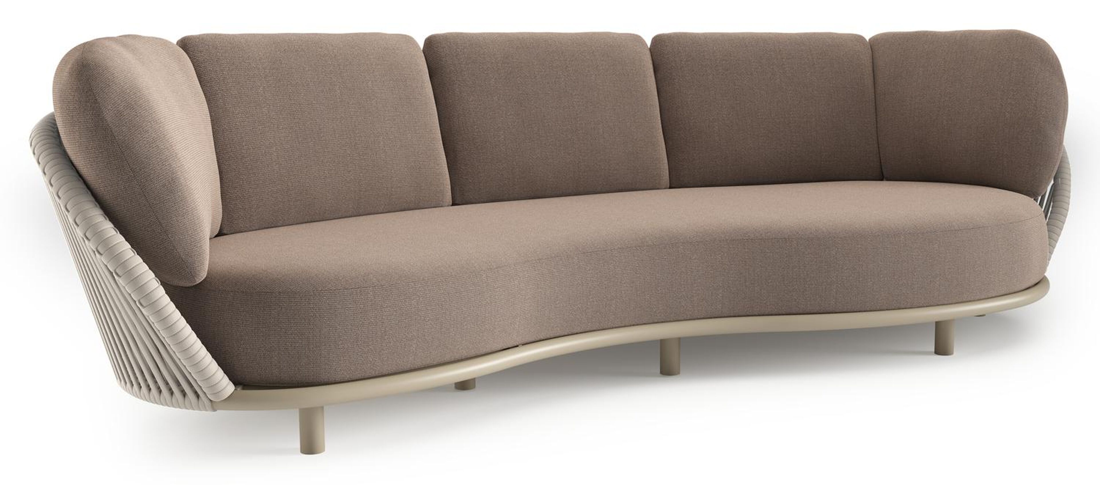Lupino loungebank in beige aluminium en beige verticaal geweven luxe vlakke brede rope met savane earth all weather sunbrella® luxe kussen