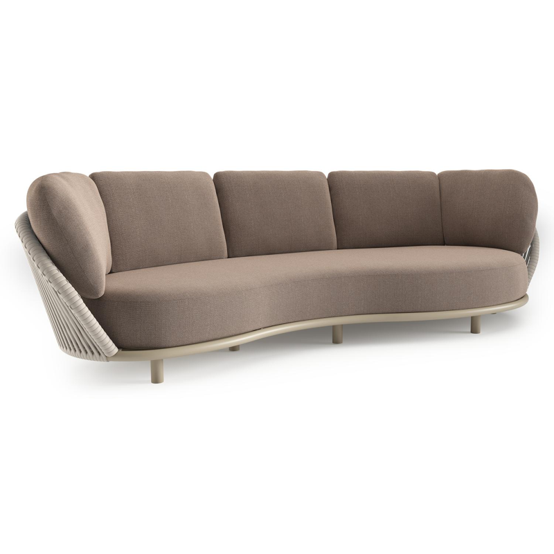 Lupino loungebank in beige aluminium en beige verticaal geweven luxe vlakke brede rope met savane earth all weather sunbrella® luxe kussen