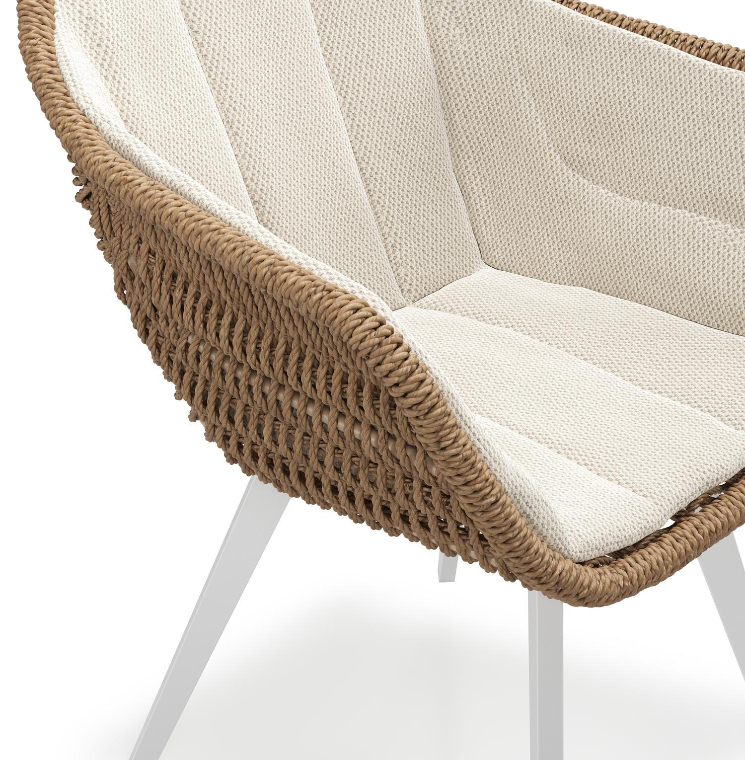 Chaise de jardin Pagino en aluminium blanc et résine tressée ronde brun avec coussin en lopi marble all weather sunbrella® luxe