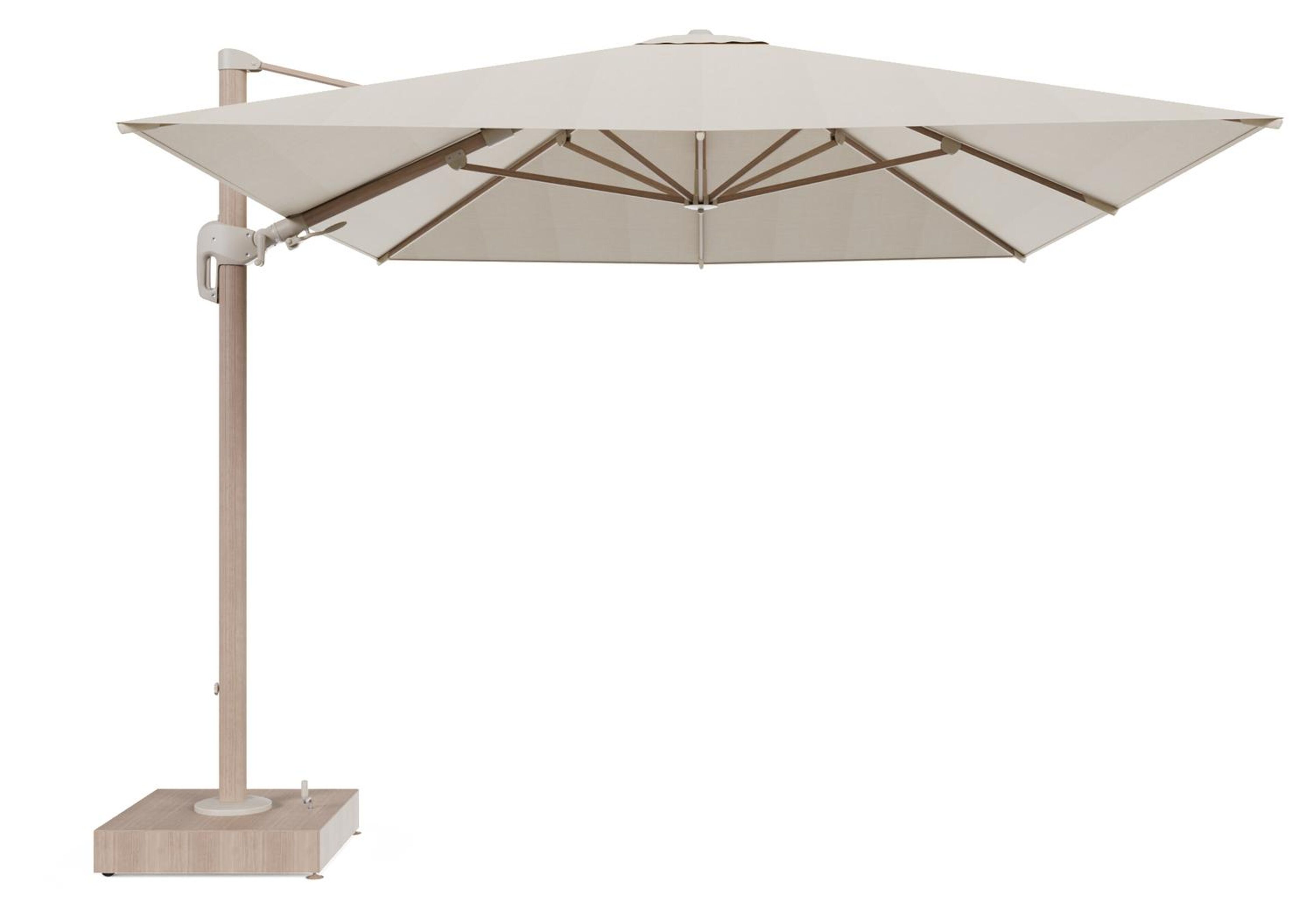 Rufina zweefparasol met tiltfunctie in houtlook aluminium en beige All Weather Sunbrella® Premium parasoldoek - L1 400 x L2 300 cm met parasolvoet Minore 150 kg met wielen