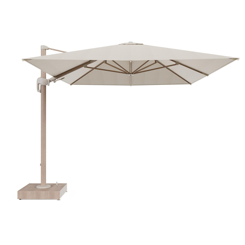 Rufina zweefparasol met tiltfunctie in houtlook aluminium en beige All Weather Sunbrella® Premium parasoldoek - L1 400 x L2 300 cm met parasolvoet Minore 150 kg met wielen
