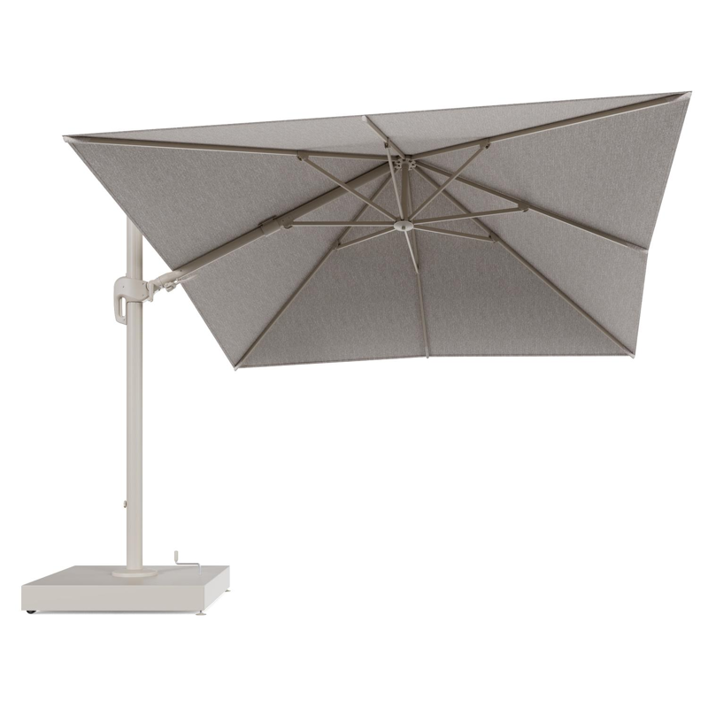 Rufina zweefparasol met tiltfunctie in beige aluminium en Tundra Sand All Weather Sunbrella® Luxe parasoldoek - L1 300 x L2 300 cm met parasolvoet Minore 260 kg met wielen