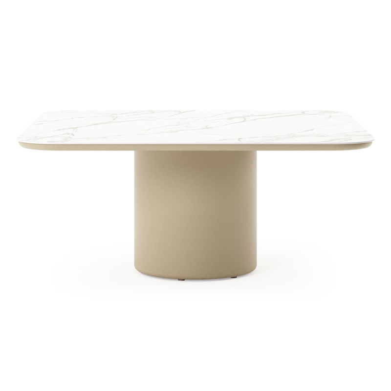 Amico low dining tuintafel afgerond vierkant in beige aluminium en volkeramiek Calacatta - L 148 x B 148 x H 61 cm