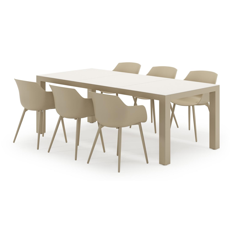 Calzo tuinset in beige aluminium en beige sintered stone met 6 Paco tuinstoelen