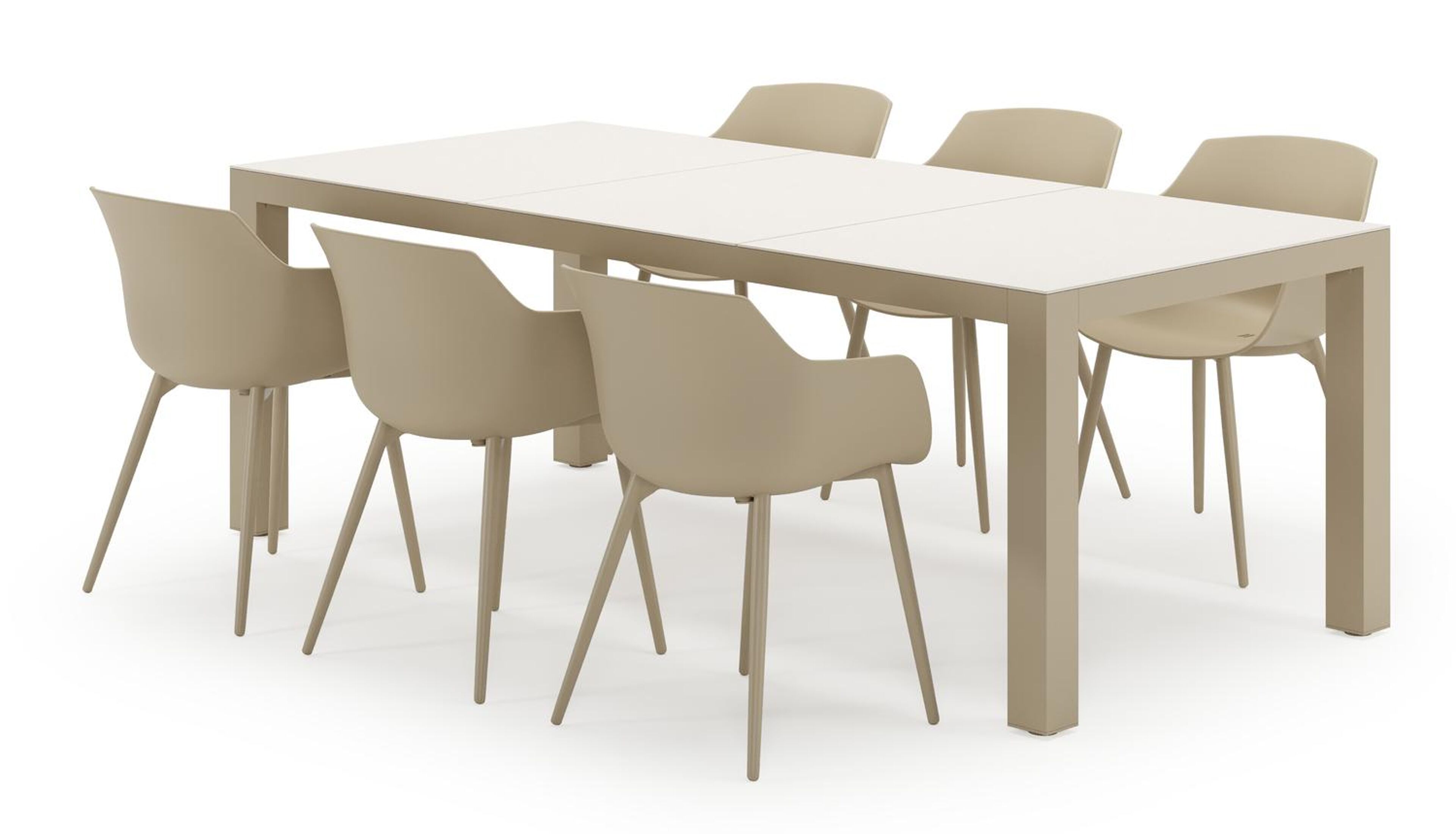 Calzo tuinset in beige aluminium en beige sintered stone met 6 Paco tuinstoelen