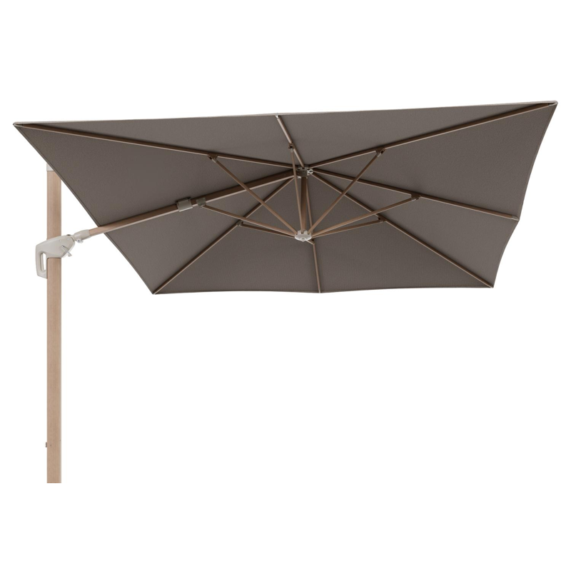 Parasol pendant Minore avec fonction tilt en aluminium aspect de bois et toile de parasol All Weather Solica Firenze Earth - Lg.1 350 x Lg.2 350 cm (sans pied de parasol