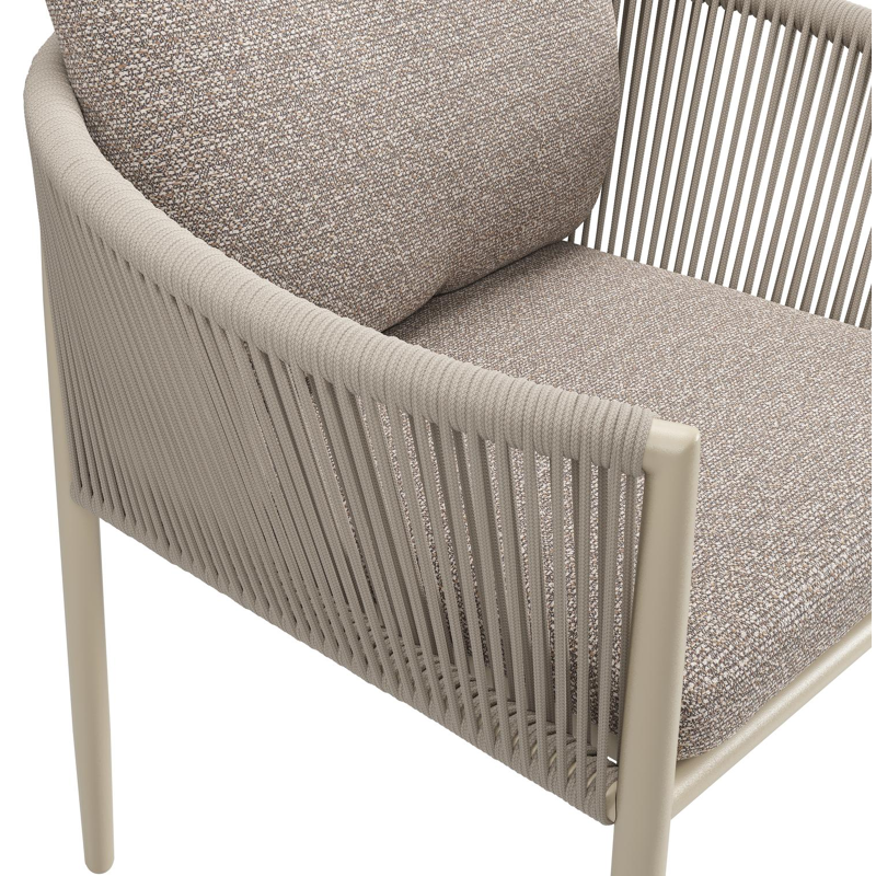 Organo tuinstoel in zwart aluminium en beige verticaal geweven ronde rope met stoelkussen in All Weather Sunbrella® Luxe Wander Manioc