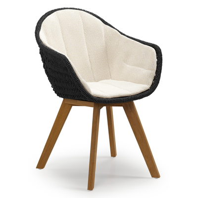 Pagino tuinstoel in teak en zwart ronde wicker met zitkussen in All Weather Cosytica Althea Off White