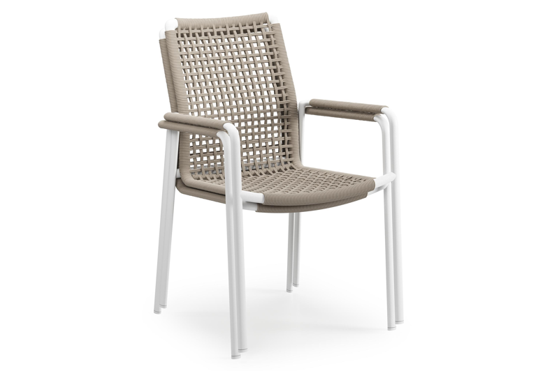 Como tuinstoel in wit aluminium en beige vierkant geweven ronde rope