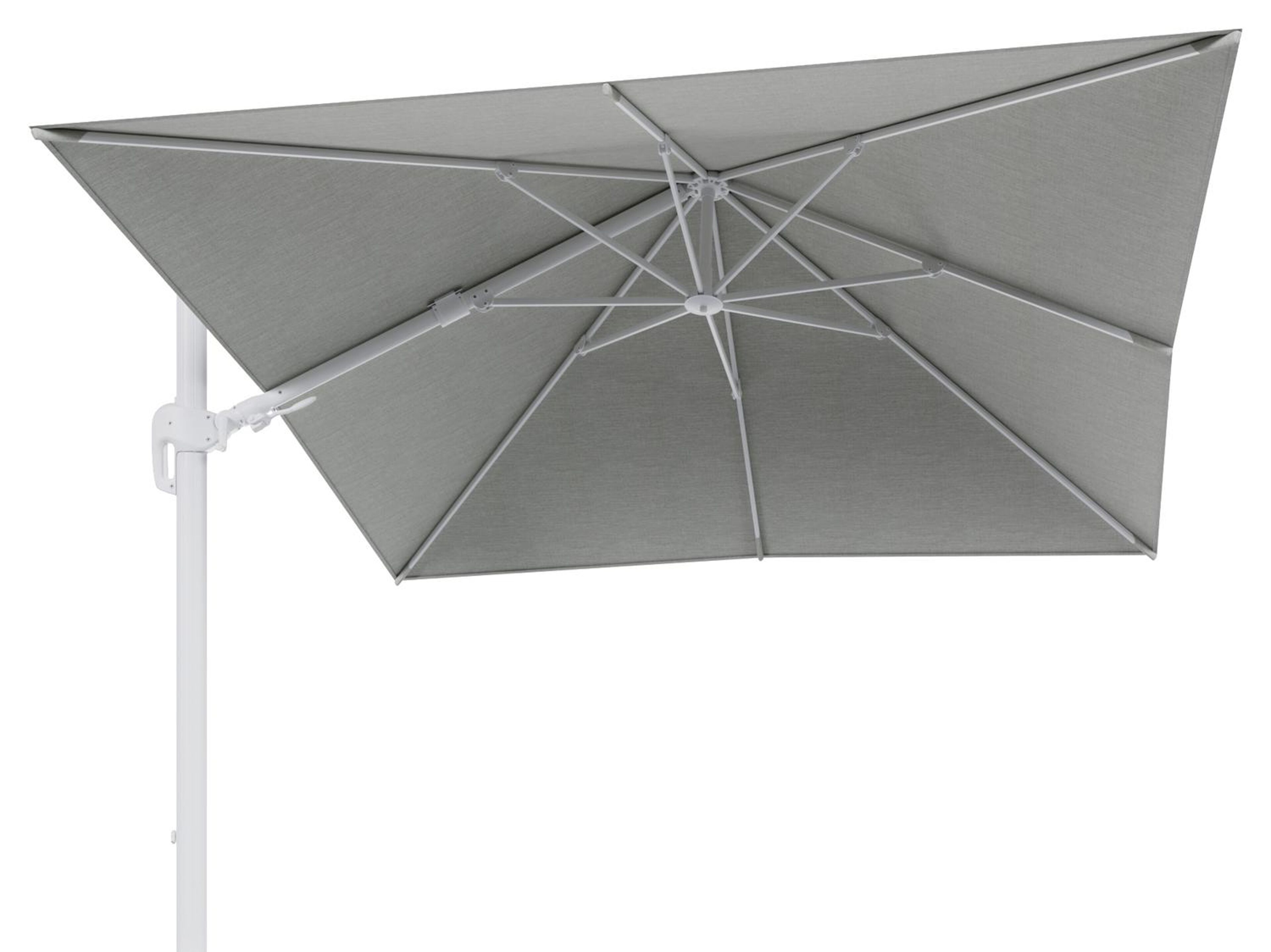 Parasol pendant Rufina avec fonction tilt en aluminium blanc avec toile de parasol en all weather sunbrella® premium gris - Larg1 300 x Larg2 300 cm (sans pied de parasol)