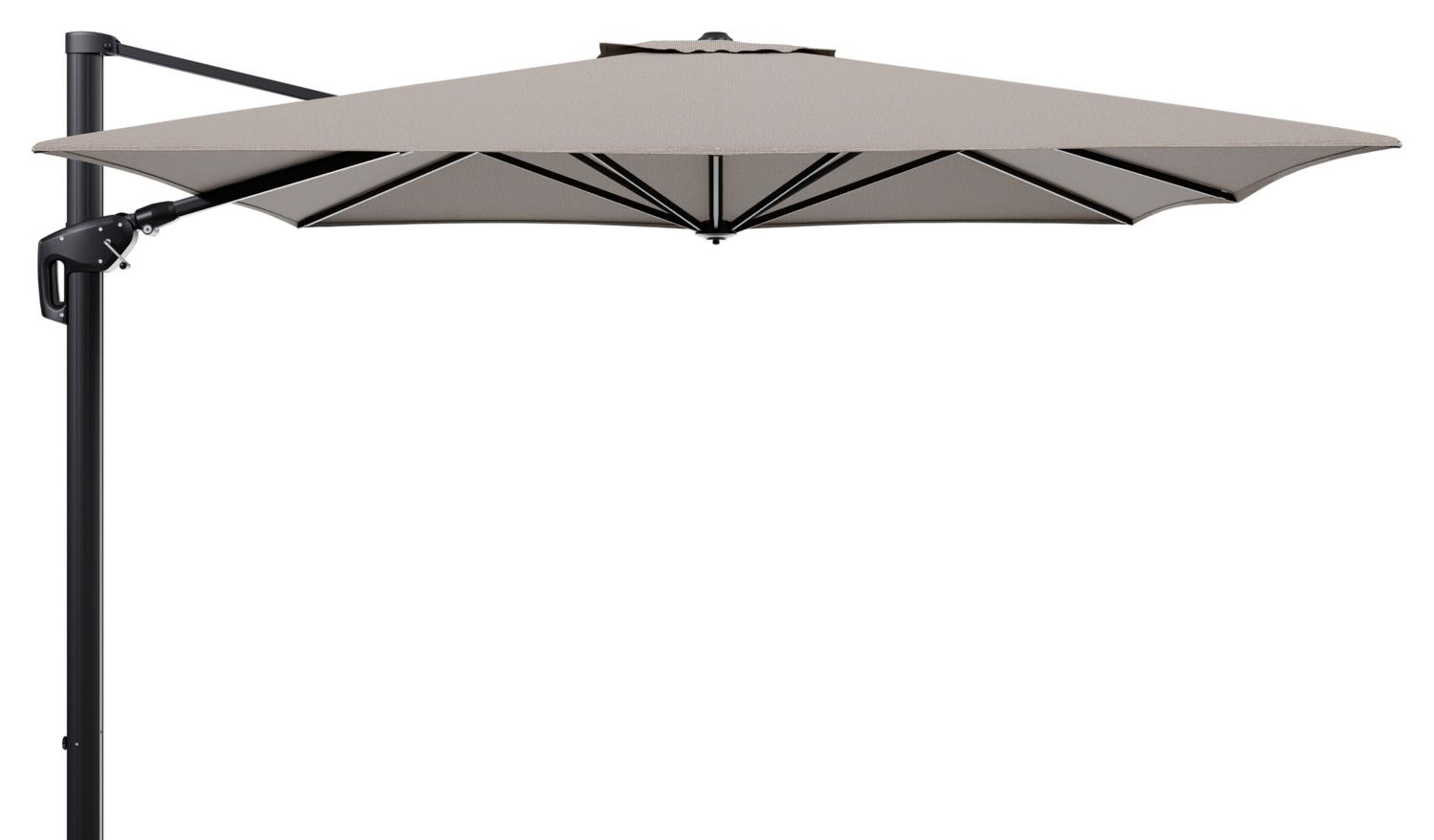 Parasol pendant Minore avec fonction tilt en aluminium noir et toile de parasol en All Weather Solica Firenze Earth - Lg.1: 350 x Lg.2: 350 cm (sans pied de parasol