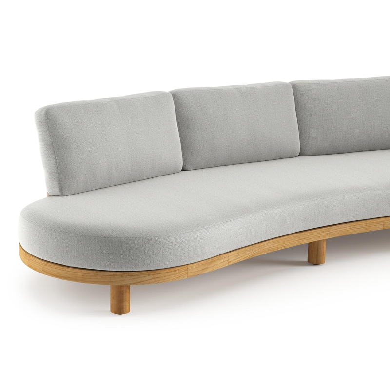 Donato loungebank in teak en beige verticaal geweven ronde rope met all weather sunbrella® luxe Savane Nimbus kussen