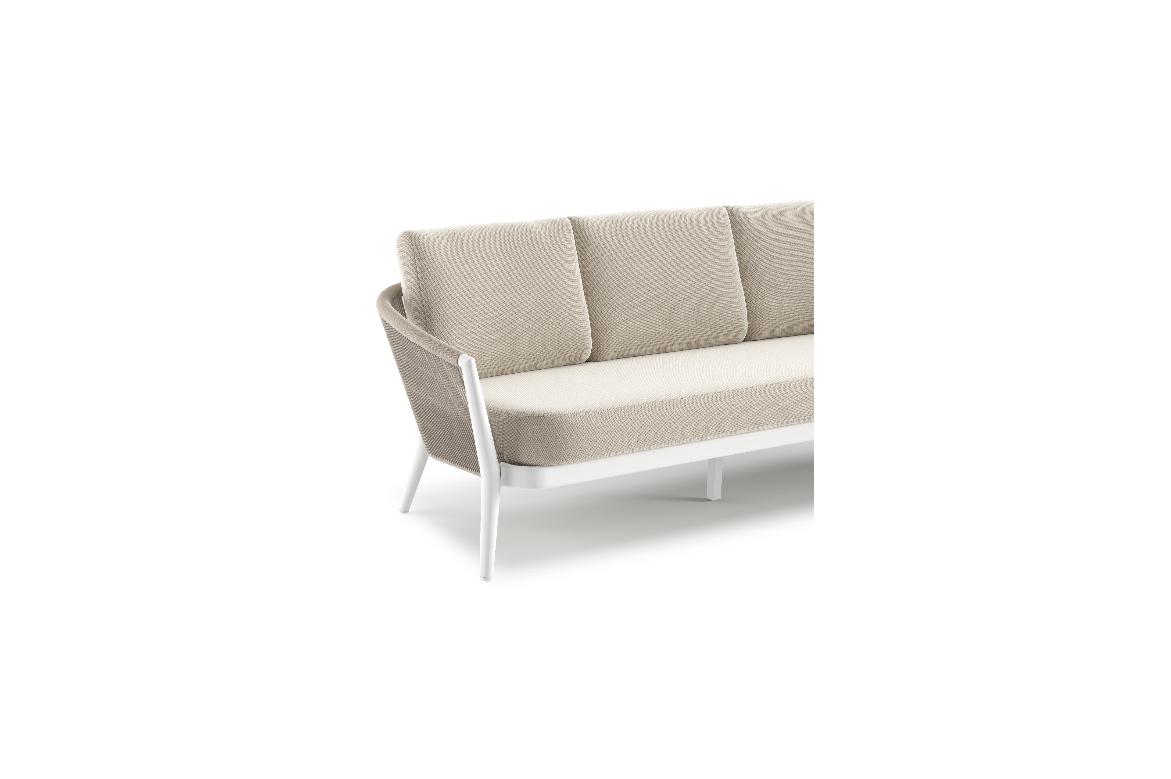 Orso loungeset in wit aluminium en beige verticaal geweven ronde rope met Lopi Marble all weather sunbrella® luxe kussen