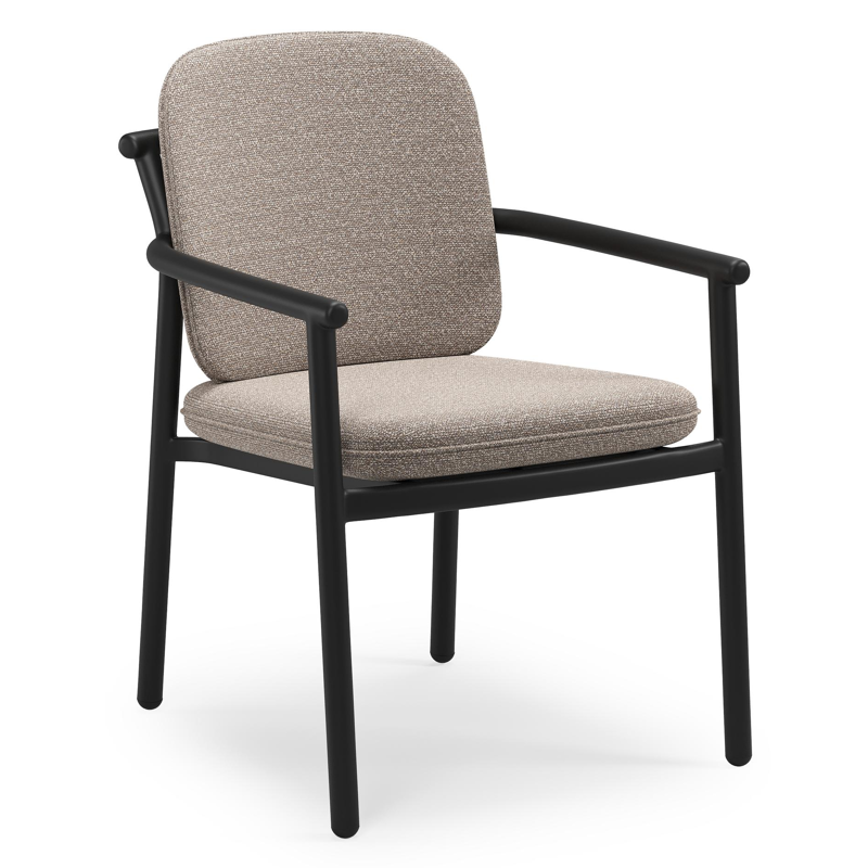 Bono stapelbare tuinstoel in zwart aluminium met stoelkussen in All Weather Sunbrella® Luxe Wander Manioc