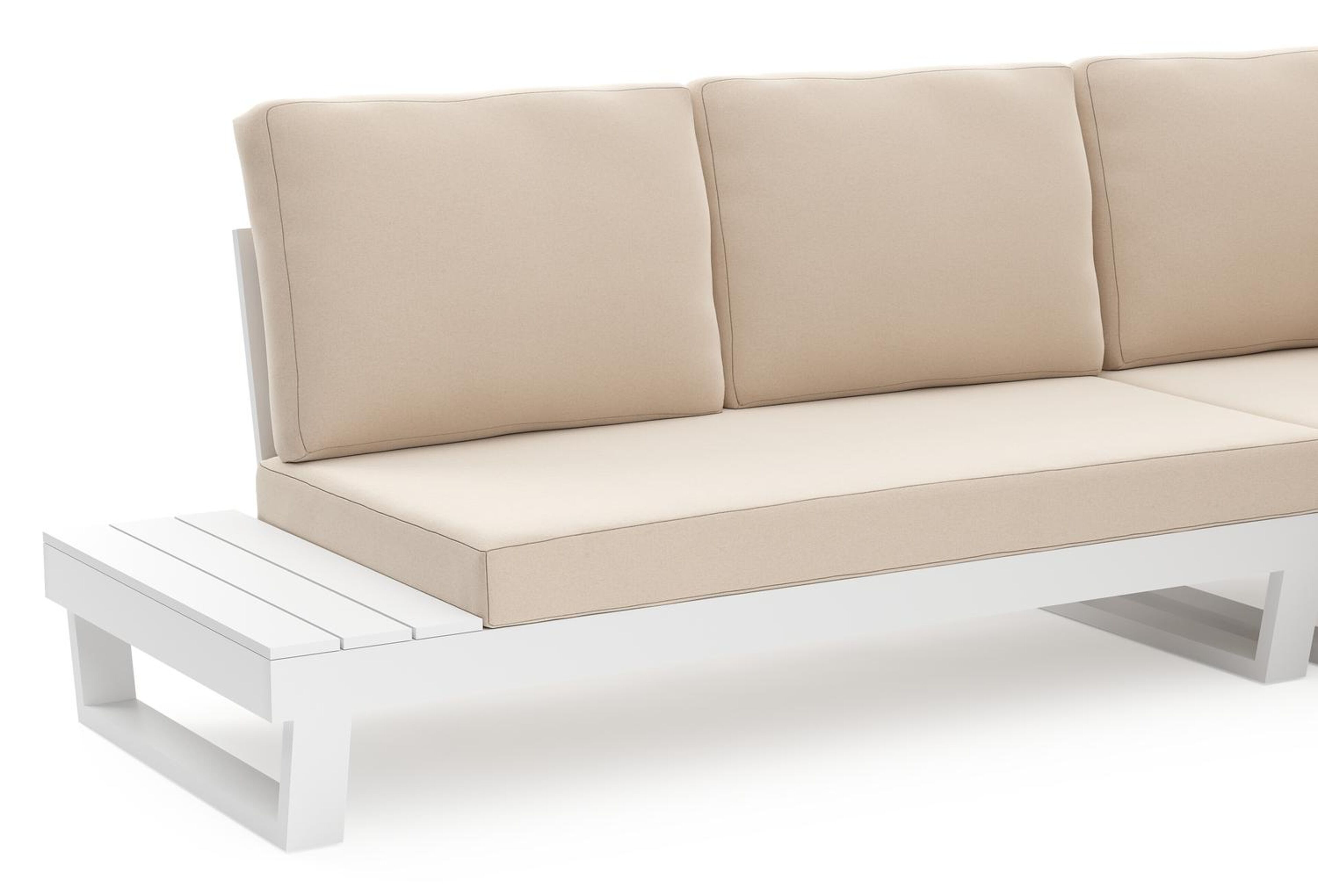 Modica loungehoek in wit aluminium met natte linen chalk all weather sunbrella® premium kussens en loungetafel