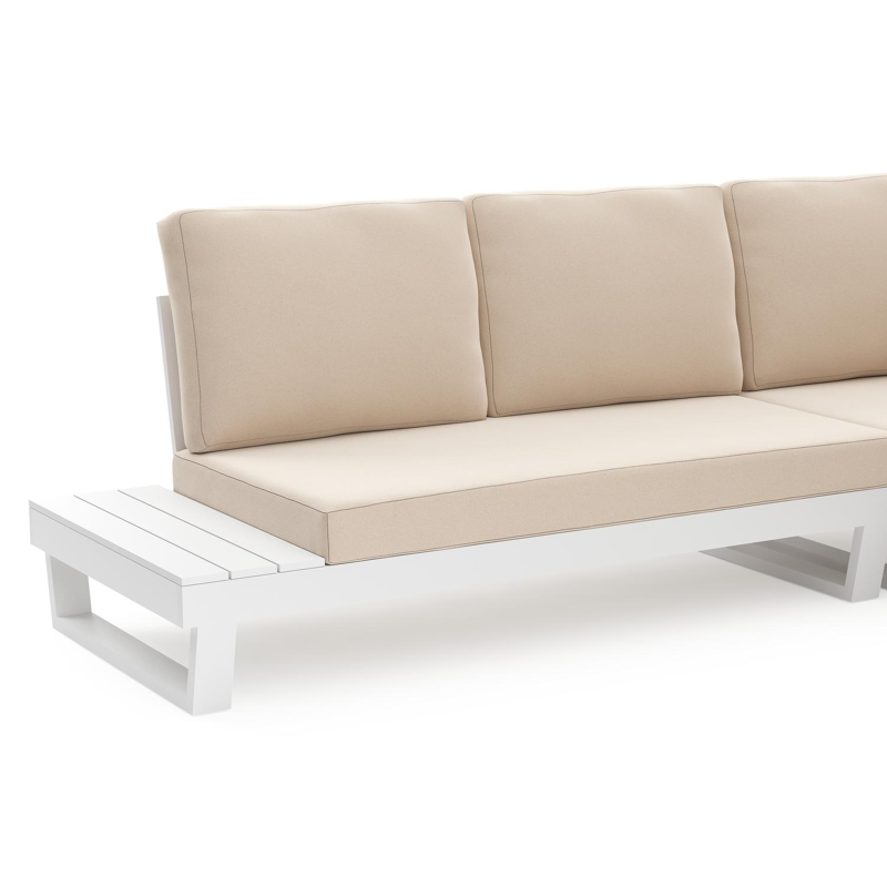 Modica loungehoek in wit aluminium met natte linen chalk all weather sunbrella® premium kussens en loungetafel