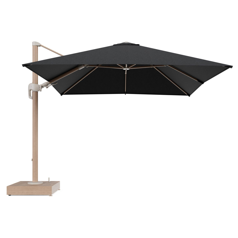 Rufina zweefparasol met tiltfunctie in houtlook aluminium en Chartres Sooty All Weather Sunbrella® Luxe parasoldoek - L1 300 x L2 300 cm met parasolvoet Minore 150 kg met wielen