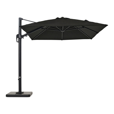Rufina zweefparasol met tiltfunctie in zwart aluminium met zwart all weather sunbrella® premium parasoldoek - L1: 250 x L2: 350 cm (met voet)