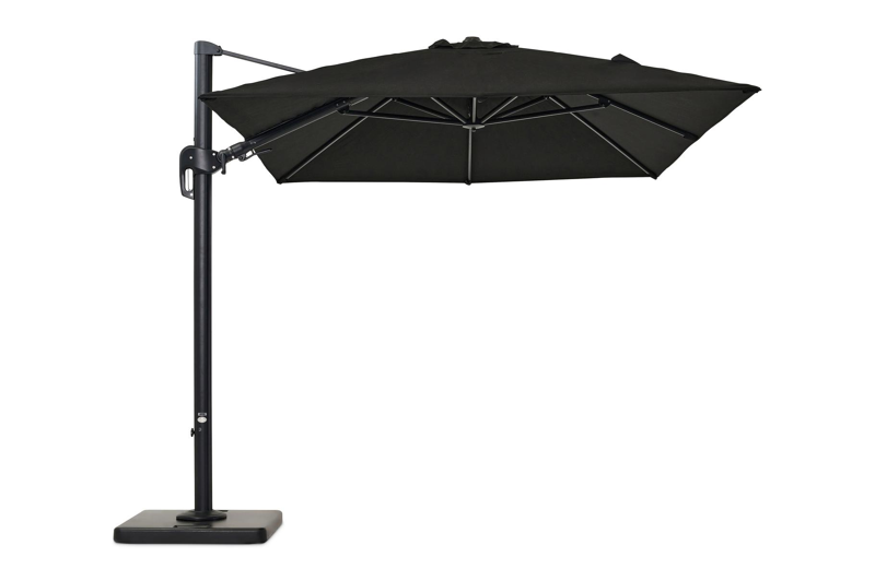 Rufina zweefparasol met tiltfunctie in zwart aluminium met zwart all weather sunbrella® premium parasoldoek - L1: 250 x L2: 350 cm (met voet)