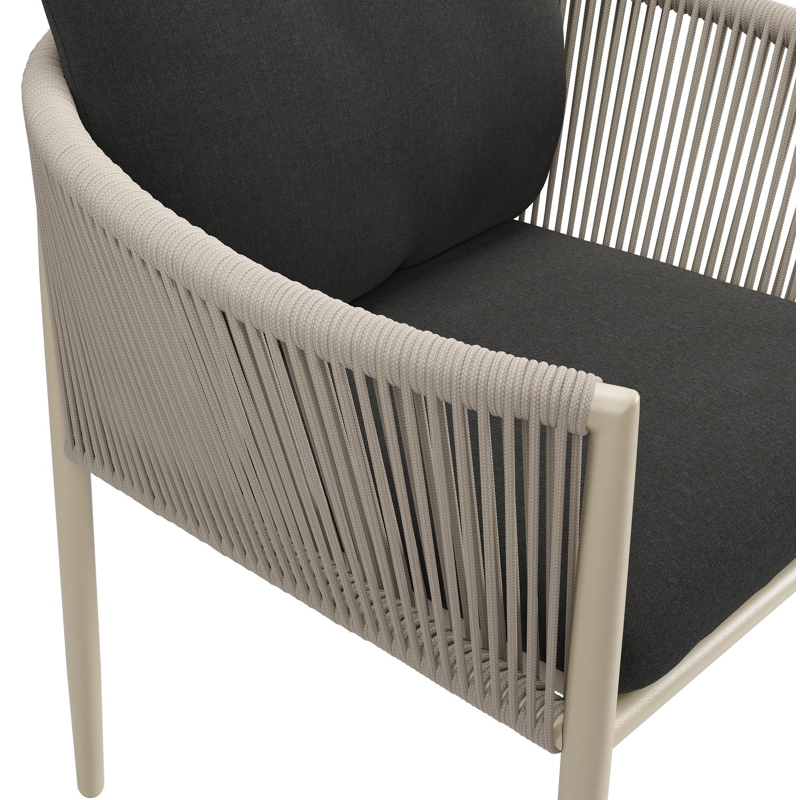 Organo tuinstoel in zwart aluminium en beige verticaal geweven ronde rope met stoelkussen in All Weather Sunbrella® Luxe Natte Sooty
