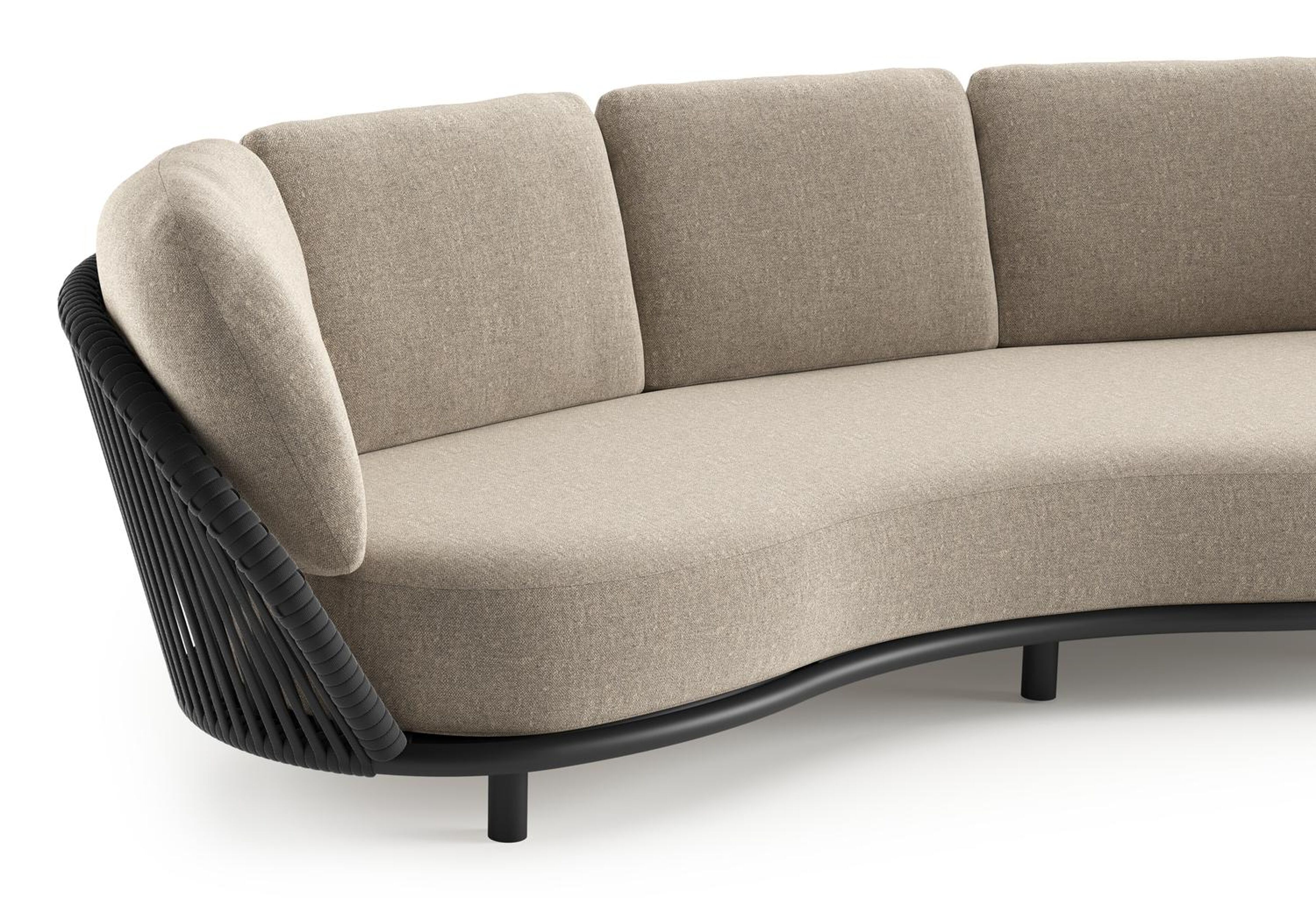 Lupino loungebank in zwart aluminium en zwart verticaal geweven luxe vlakke brede rope met chartres pewter all weather sunbrella® luxe kussen