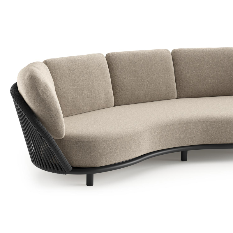 Lupino loungebank in zwart aluminium en zwart verticaal geweven luxe vlakke brede rope met chartres pewter all weather sunbrella® luxe kussen