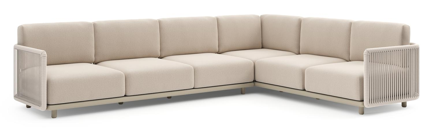 Salon de jardin d'angle Organo en aluminium beige et corde luxe plate tissée verticalement beige et coussin en all weather Sunbrella® luxe heritage ash