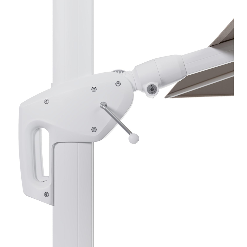 Parasol pendant Minore avec fonction tilt en aluminium blanc et toile de parasol All Weather Sunbrella® Luxe Heritage Ash - Lg.1: 350 x Lg.2: 350 cm avec pied de parasol Minore 260 kg avec roulettes