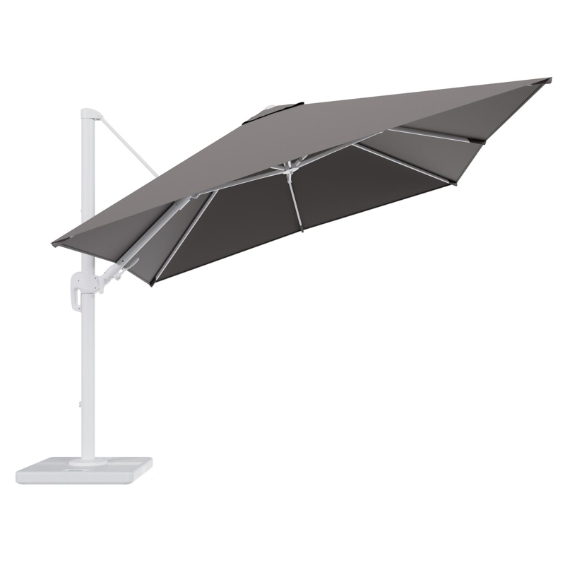 Rufina zweefparasol tiltfunctie in wit aluminium en parasoldoek in All Weather Sunbrella® Luxe Natte Nature Grey - L1 300 x L2 300 cm met parasolvoet Lapido 120 kg