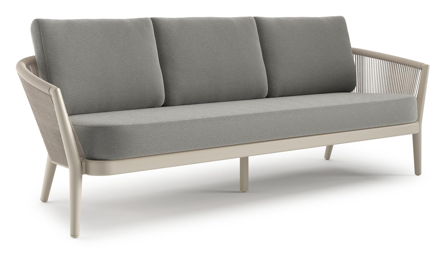 Canapé de jardin Orso en aluminium beige en corde ronde tissée verticalement beige et coussins en all weather sunbrella® luxe Savane Zinc