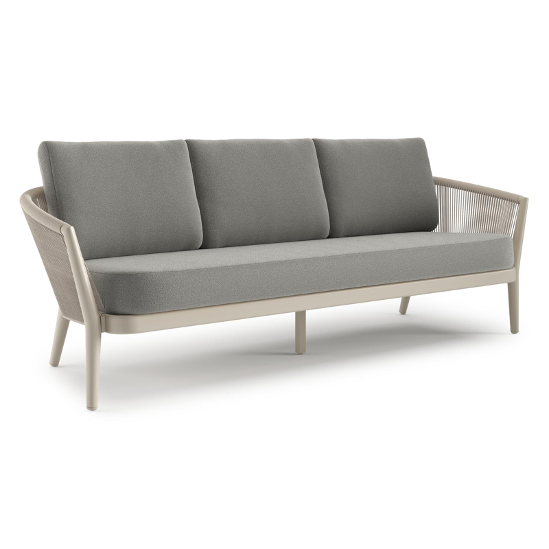 Canapé de jardin Orso en aluminium beige en corde ronde tissée verticalement beige et coussins en all weather sunbrella® luxe Savane Zinc