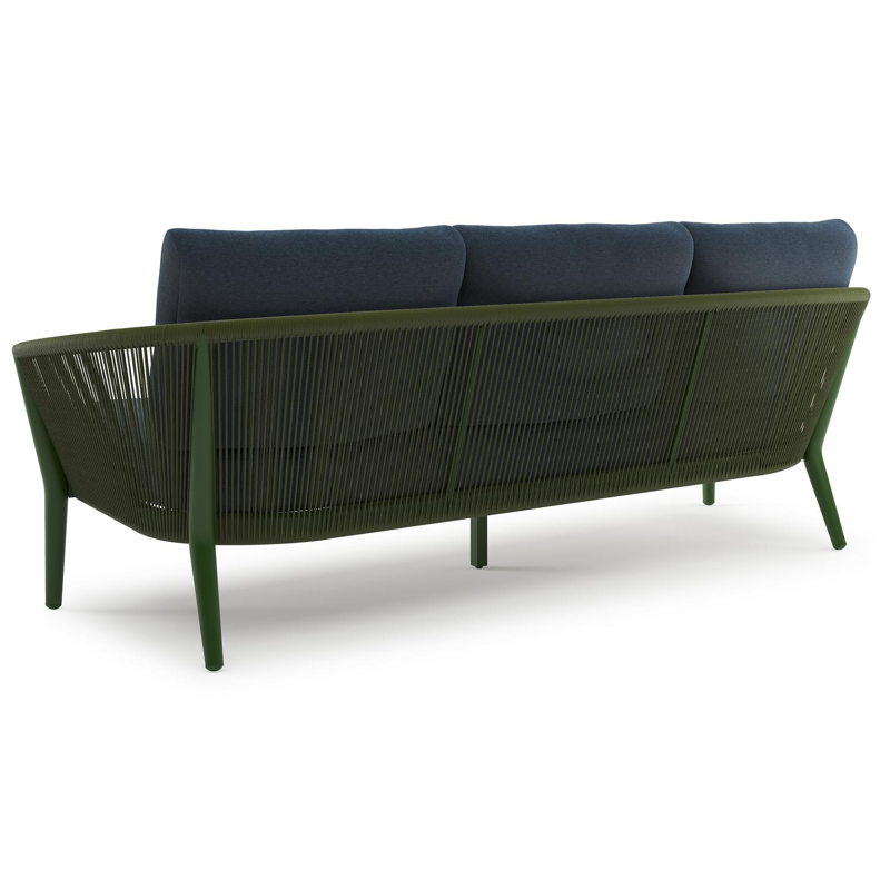 Orso loungebank in groen aluminium en groen verticaal geweven ronde rope met Heritage Indigo All Weather Sunbrella® luxe kussen
