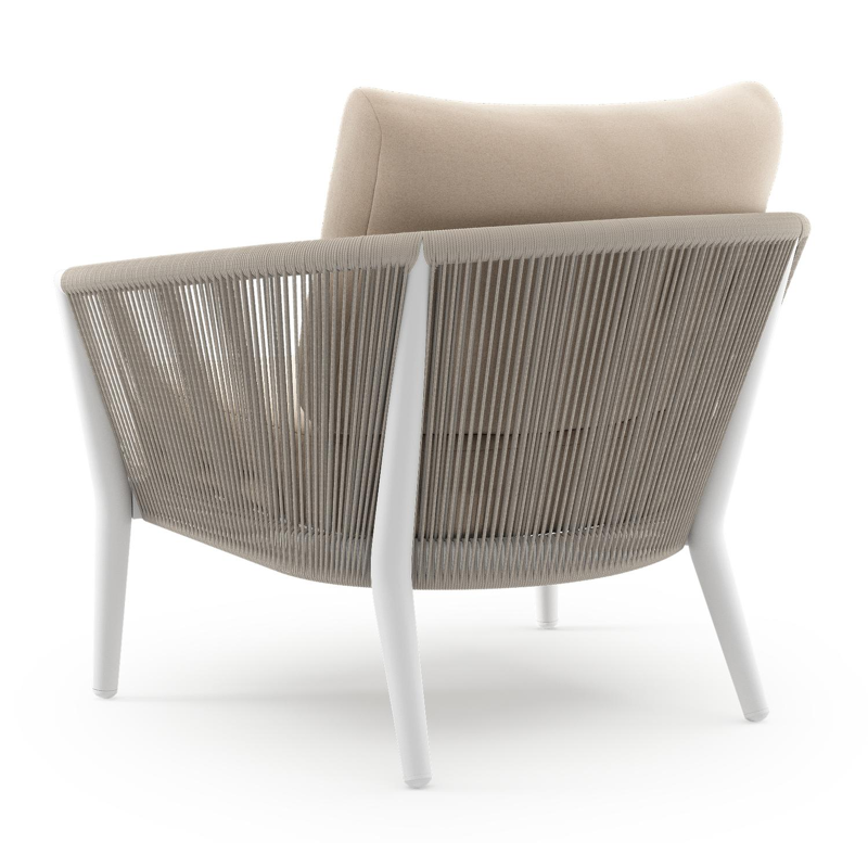 Orso loungestoel 1-zit in wit aluminium en beige verticaal geweven ronde rope met natte linen chalk all weather sunbrella® luxe kussen