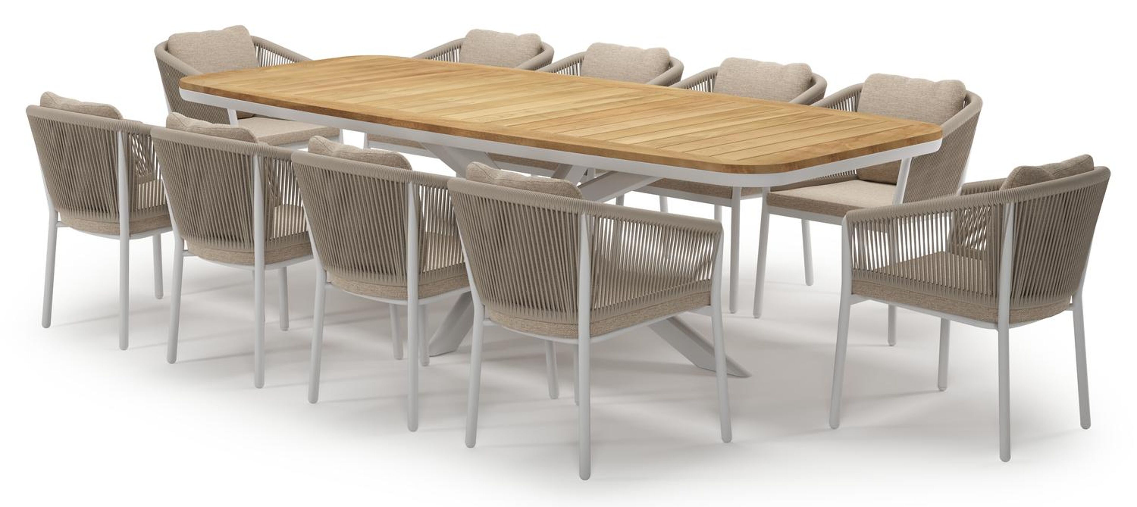 Pamplona tuinset in wit aluminium en teak met 10 Gerona tuinstoelen
