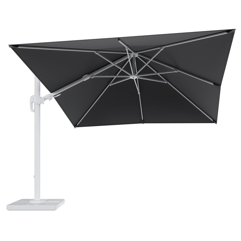 Rufina zweefparasol met tiltfunctie in wit aluminium met natte charcoal chine all weather sunbrella® luxe parasoldoek - L1 300 x L2 300 cm met parasolvoet Lapido 120 kg