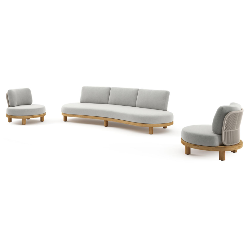 Salon de jardin Donato en teck et corde ronde tissée verticalement beige et coussins en all weather sunbrella® luxe Savane Nimbus