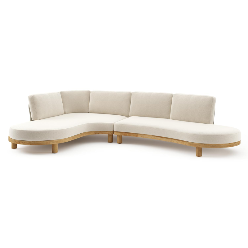 Donato loungehoek in teak en beige verticaal geweven ronde rope met all weather cosytica Althea Off White kussen