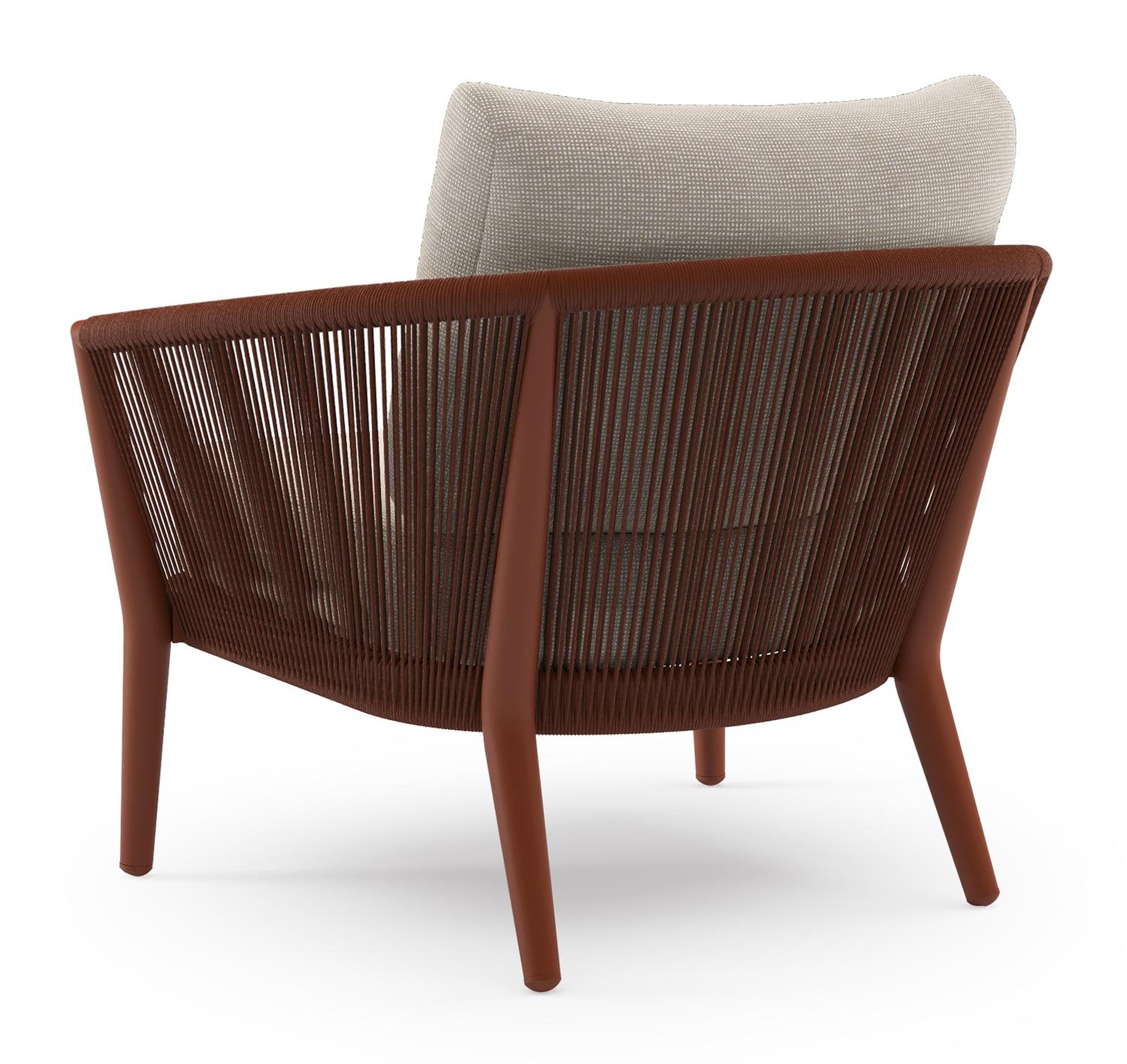 Fauteuil de jardin Orso en aluminium brun rouille en corde ronde tissée verticalement brun rouille et coussins en all weather sunbrella® luxe Slow Farafra