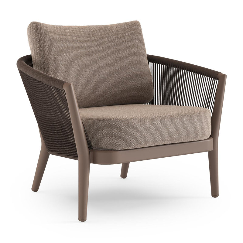 Orso loungestoel in taupe aluminiumen zwart verticaal geweven ronde rope met Savane Earth all weather sunbrella® luxe kussen