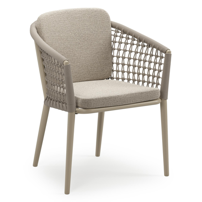 Chaise de jardin empilable Orso en aluminium beige et corde ronde tissée résille beige avec coussin en All Weather Cosytica Catania Greige