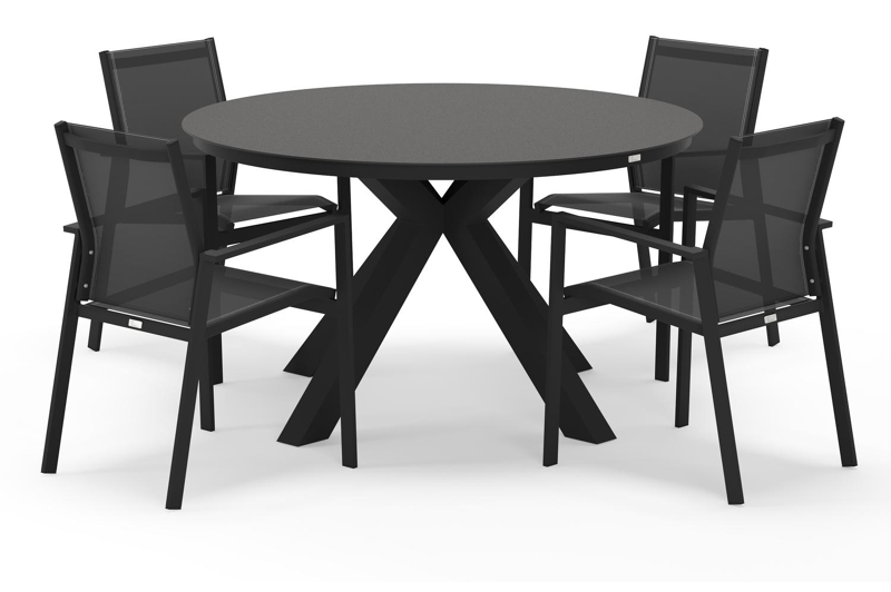 Tora tuinset rond in zwart aluminium en sintered stone zwart met 4 Bahia tuinstoelen