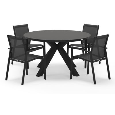 Tora tuinset rond in zwart aluminium en sintered stone zwart met 4 Bahia tuinstoelen