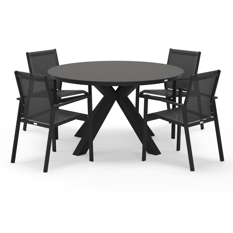 Tora tuinset rond in zwart aluminium en sintered stone zwart met 4 Bahia tuinstoelen
