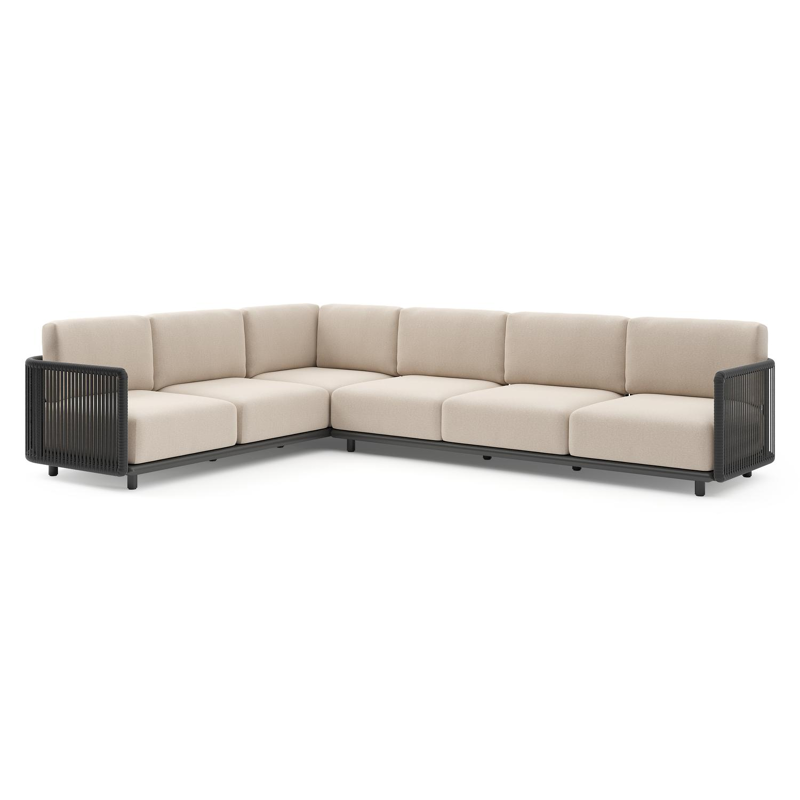 Organo loungehoek in zwart aluminium en zwart verticaal geweven luxe vlakke rope met heritage ash all weather Sunbrella® luxe kussen