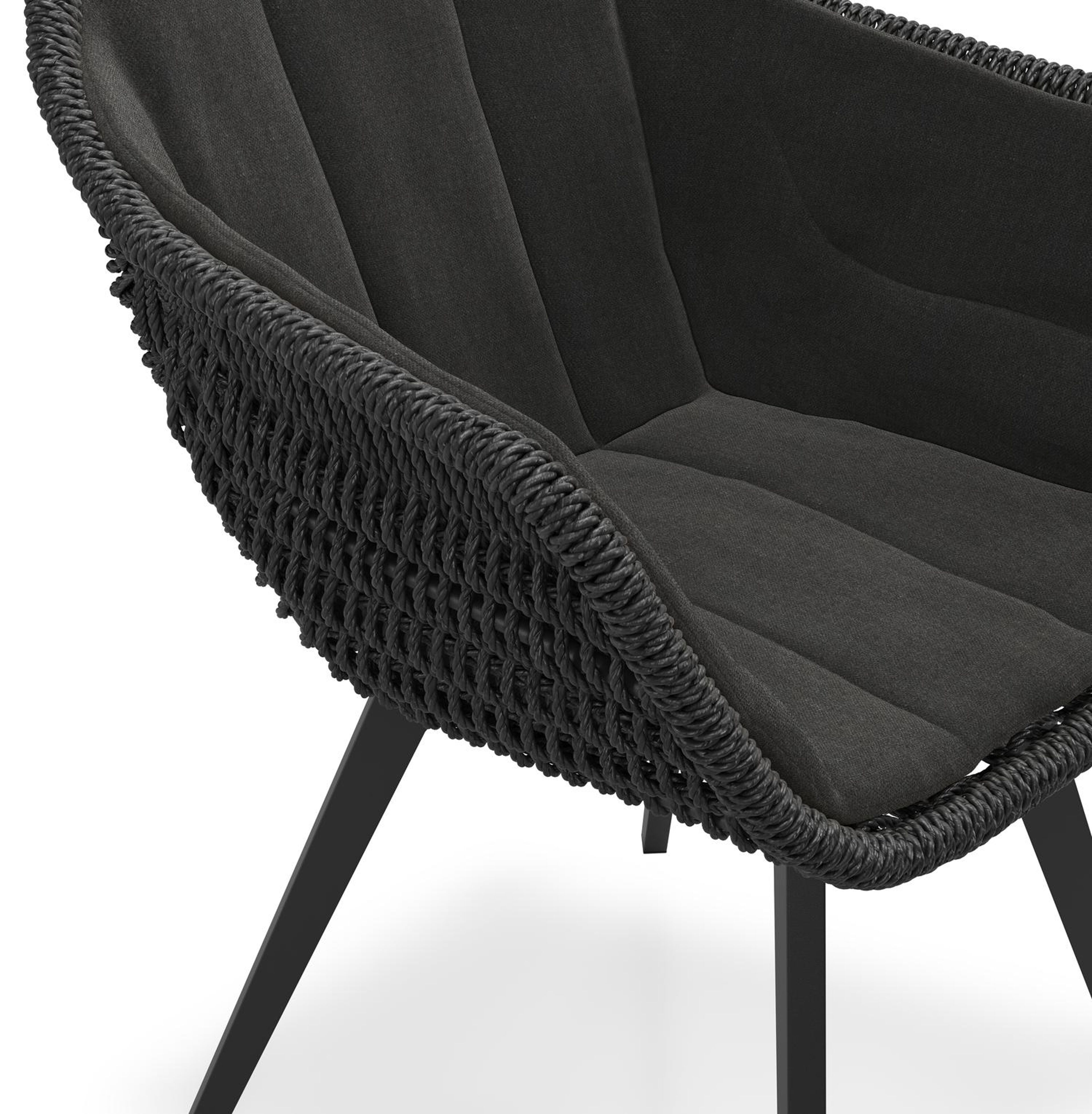 Chaise de jardin Pagino en aluminium noir et résine tressée ronde noir avec coussin en All Weather Sunbrella® Luxe Natte Sooty