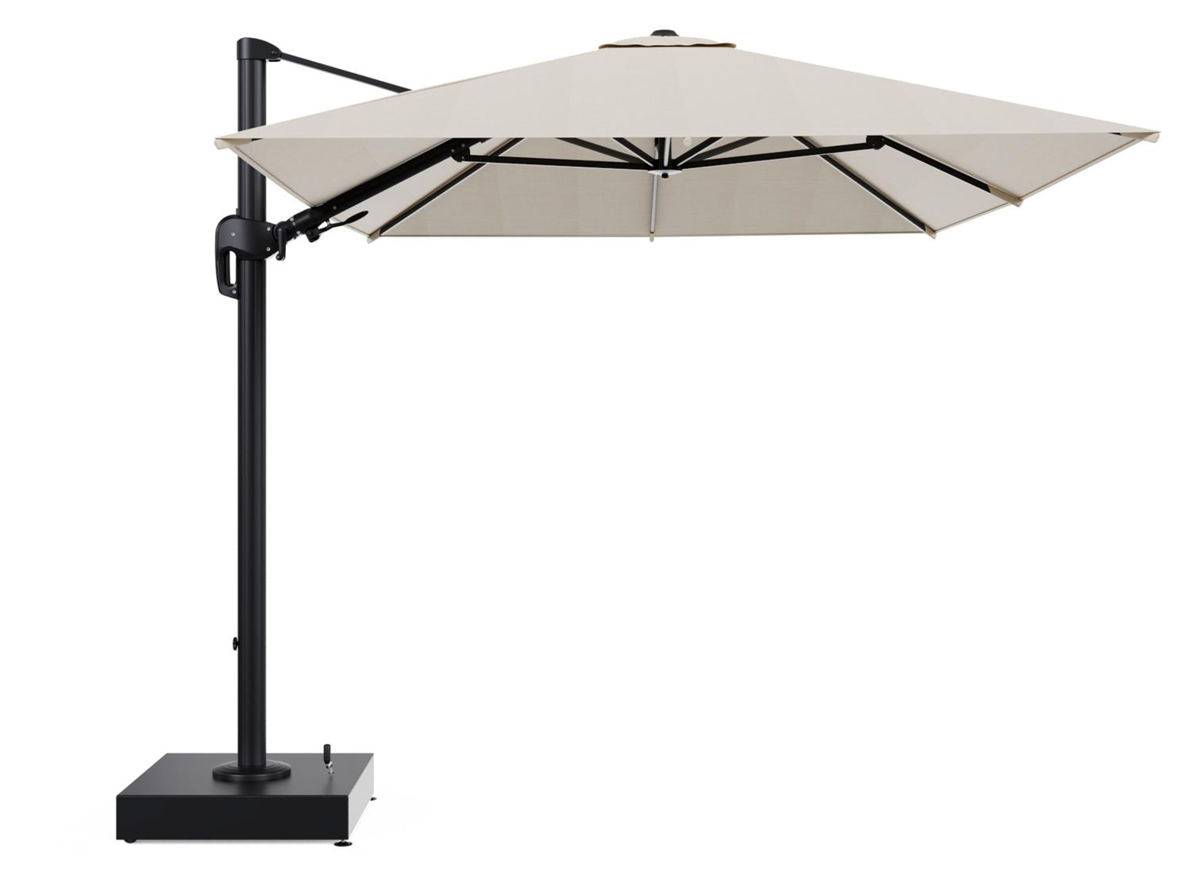 Rufina zweefparasol met tiltfunctie in zwart aluminium en beige All Weather Sunbrella® Premium parasoldoek - L1 350 x L2 250 cm met parasolvoet Minore 150 kg met wielen