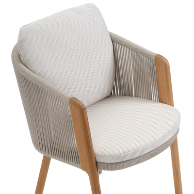Gardo tuinstoel in teak en beige verticaal geweven ronde rope met kussen in lopi marble all weather sunbrella® luxe