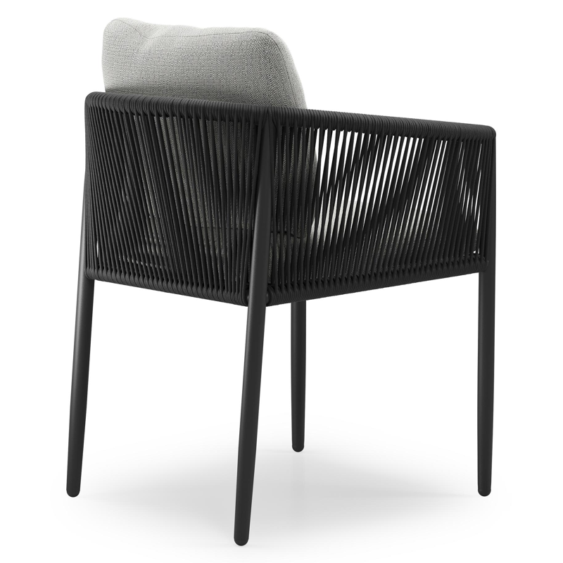 Organo tuinstoel in beige aluminium en beige verticaal geweven ronde rope met stoelkussen in All Weather Sunbrella® Luxe Savane Nimbus