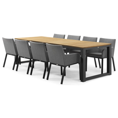 Livo tuinset in zwart aluminium en teak naturel tafelblad met 8 Rivo tuinstoelen