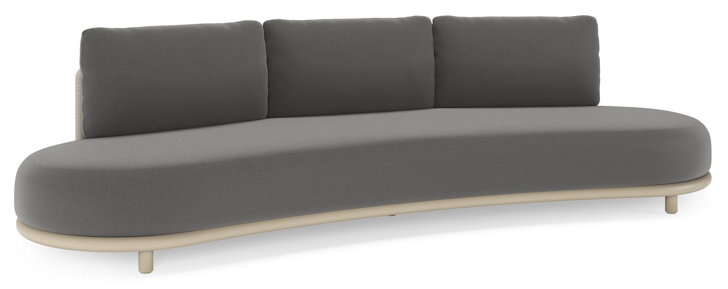 Lomano loungebank in beige aluminium en beige verticaal geweven luxe vlakke rope met Natte Charcoal Chine all weather sunbrellaÂ® luxe